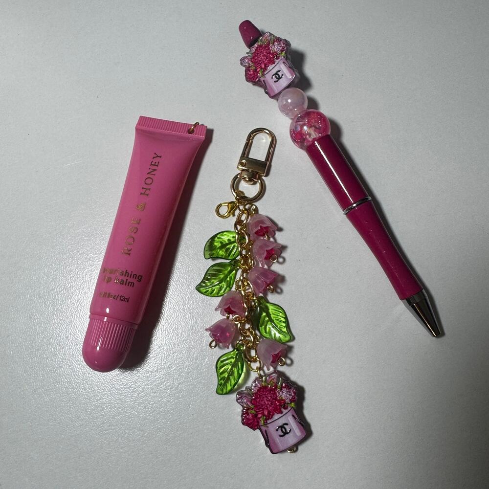 Handmade Blush Garden Luxe Set Pink Floral Charm + Matching Beaded Pen Bundle - Picture 3 of 6
